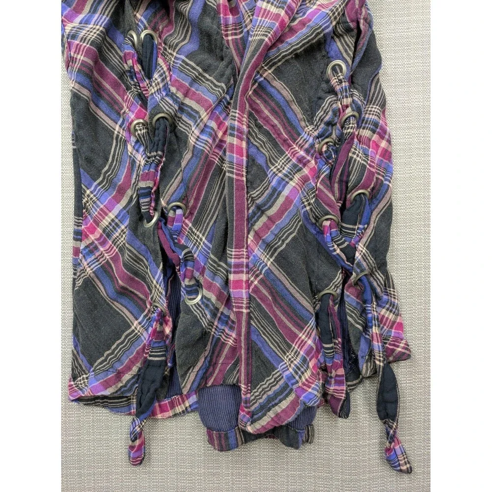 Free People Tunic Shirt Womens Medium Black Plaid Button Up Side Strap Detail